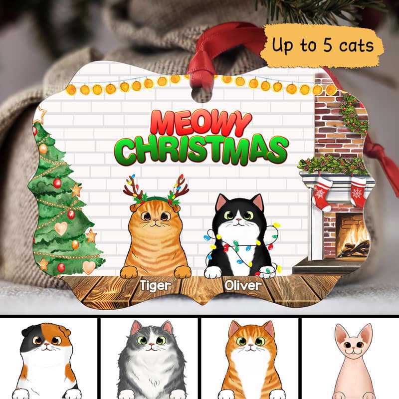 Christmas In House Peeking Fluffy Cats Personalized Christmas Ornament
