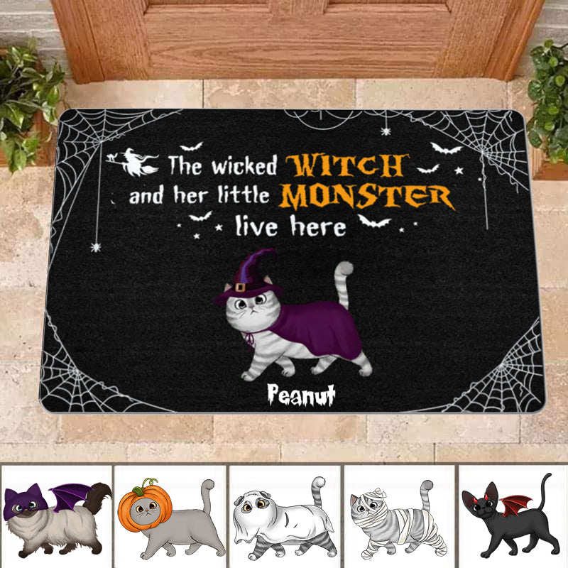 Wicked Witch And Monster Cats Live Here Halloween Personalized Doormat