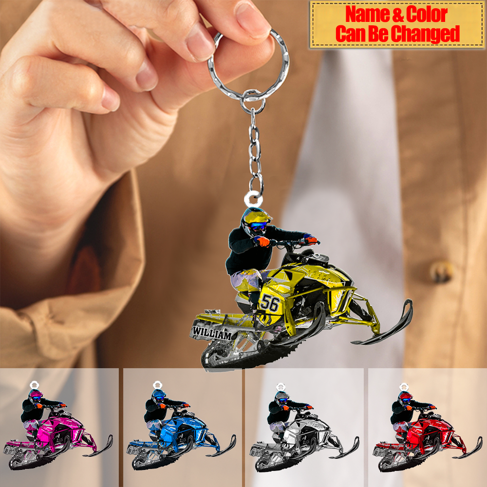 Personalized Snowmobile Rider Jumping Through Snow Keychain