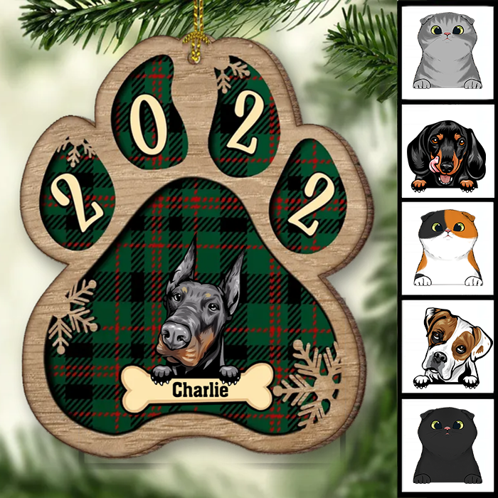 Personalized Christmas Paw Ornament - Dog, Cat And Snow - Plaid Buffalo Pattern - Customized Decoration Upload Image, Gift For Pet Lovers