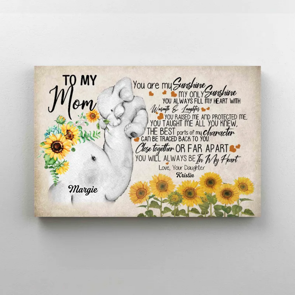 Daughter To Mom Canvas, You Are My Sunshine Canvas, Sunflower Canvas, Elephant Canvas