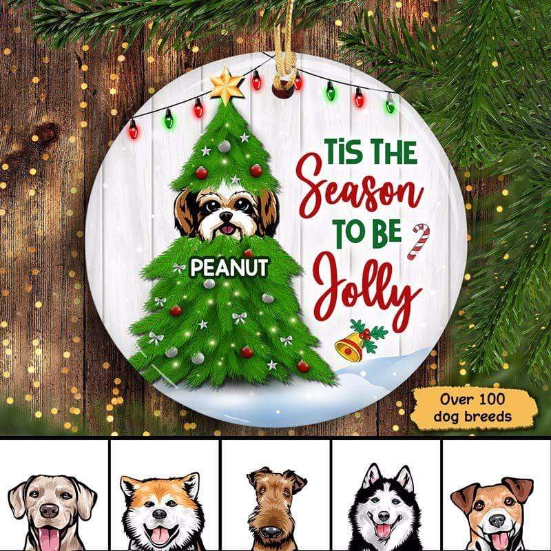 Christmas Tree Peeking Dog Personalized Circle Ornament