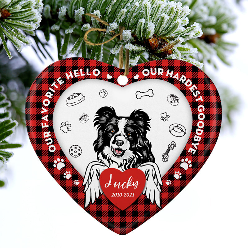 Our Favorite Hello - Dog Memorial Gift - Personalized Custom Heart Ceramic Ornament