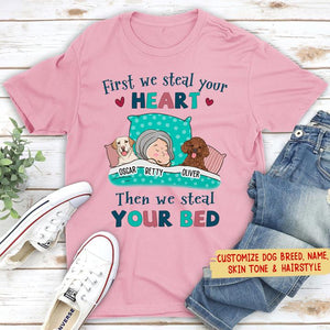 DOGS STEAL YOUR BED - PERSONALIZED CUSTOM UNISEX T-SHIRT