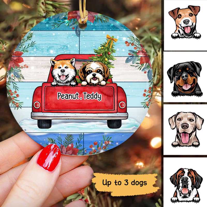 Peeking Dog On Truck Christmas Personalized Circle Ornament