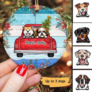 Peeking Dog On Truck Christmas Personalized Circle Ornament