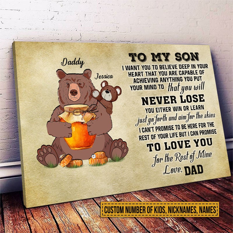 Personalized Bear Papa Dad And Child In A World Custom Canvas