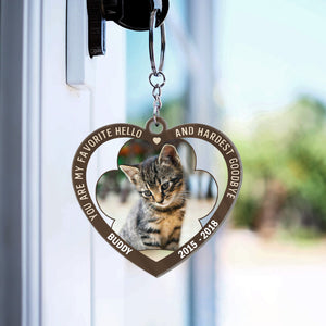 Custom Photo You Are My Favorite Hello And Hardest Goodbye - Memorial Gift For Dog And Cat Lovers - Personalized Custom Heart Shaped Acrylic Keychain
