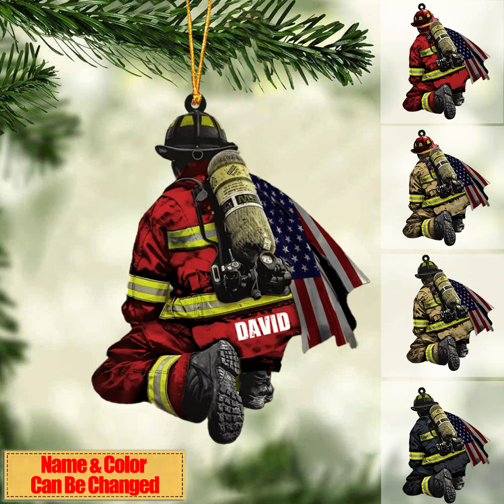 Personalized Firefighter and Fire Extinguisher Christmas Ornament for Fireman, US Flag Firefighter Ornament