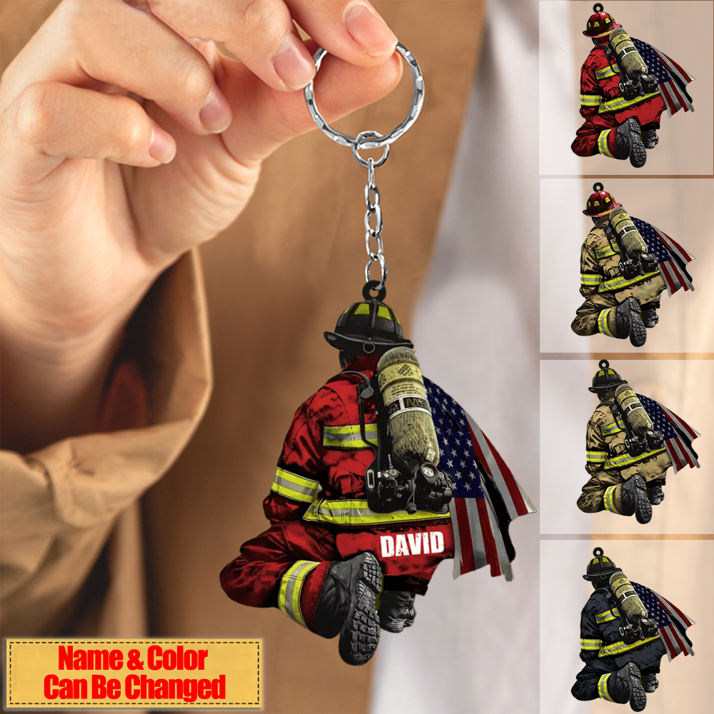 Personalized Firefighter and Fire Extinguisher Christmas Keychain for Fireman, US Flag Firefighter Keychain