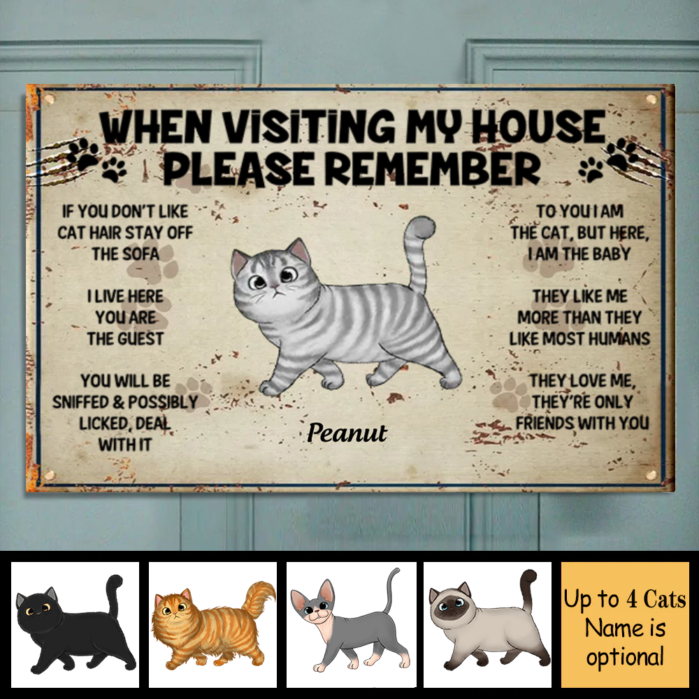 Visting My House Please Remember, Personalized Metal Door Sign for Cat Lovers