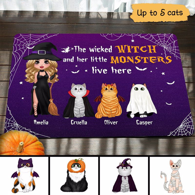 Halloween Doll Wicked Witch & Little Monsters Sitting Fluffy Cat Personalized Doormat