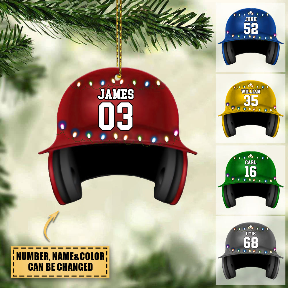 Personalized Baseball Helmet With Christmas Light Flat Ornament