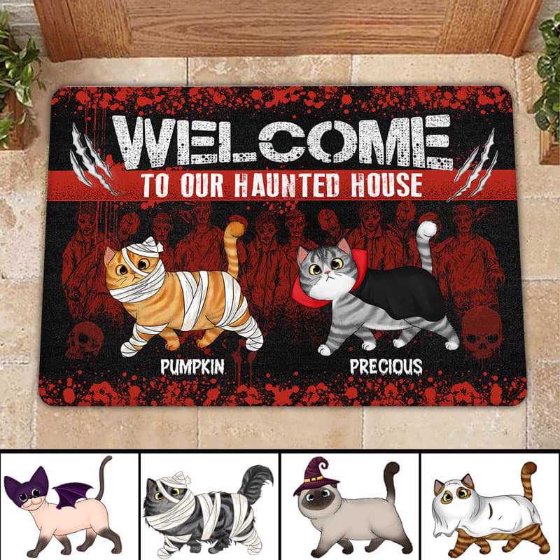 Halloween Fluffy Cats Zombie Personalized Doormat