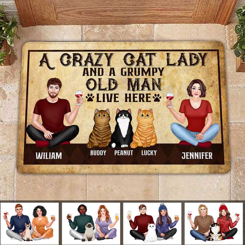 Crazy Cat Lady Pretty Couple Personalized Doormat
