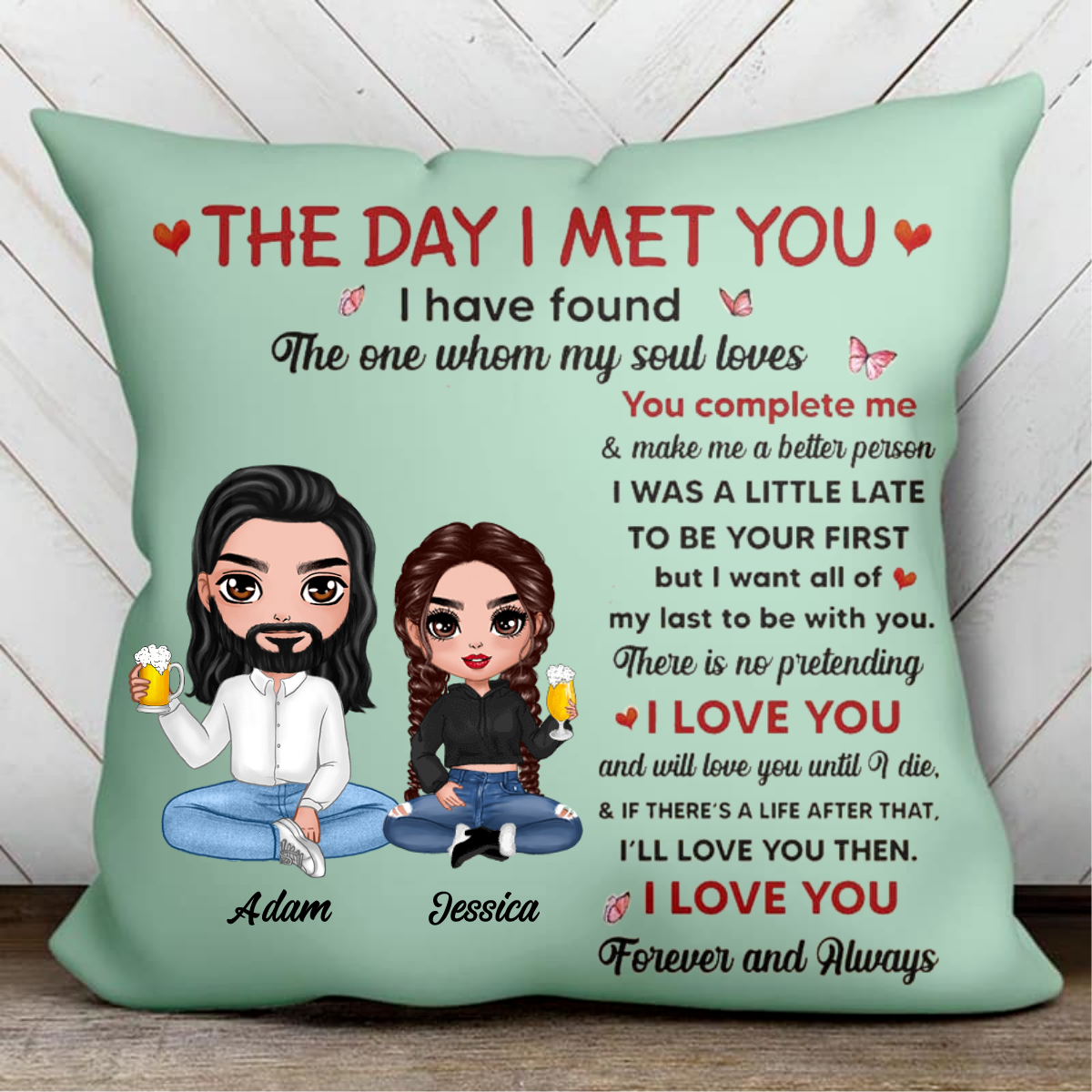 The Day I Met You - Doll Couple Sitting Valentine's Day Gift For Him For Her Personalized Pillow (Insert NOT Included)