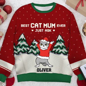 Best Cat Mom & Cat Dad Ever - Personalized Custom Unisex Ugly Christmas Sweatshirt, Wool Sweatshirt, All-Over-Print Sweatshirt - Gift For Pet Lovers, Christmas Gift
