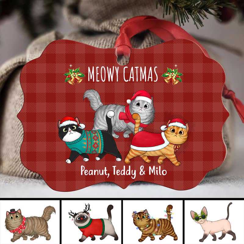 Christmas Pattern Walking Fluffy Cats Personalized Christmas Ornament