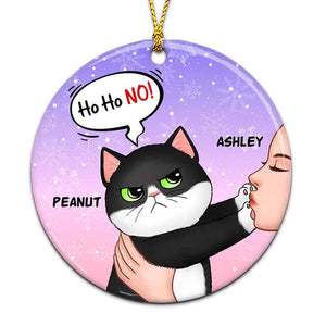 Ho Ho No Kisses Fluffy Cat Christmas Personalized Decorative Circle Ornament